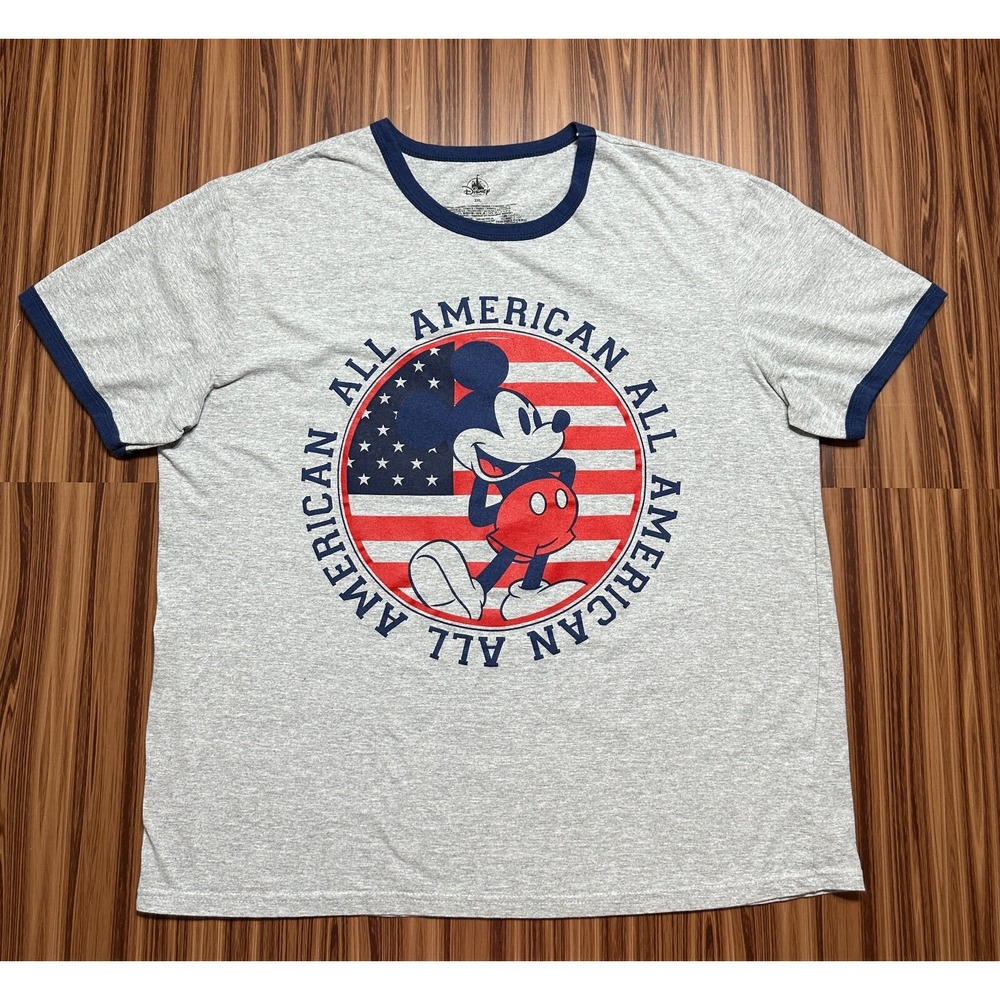 Disney Mickey Mouse Women's T Shirt‎ Size 2XL Gray American Flag Short Sleeve